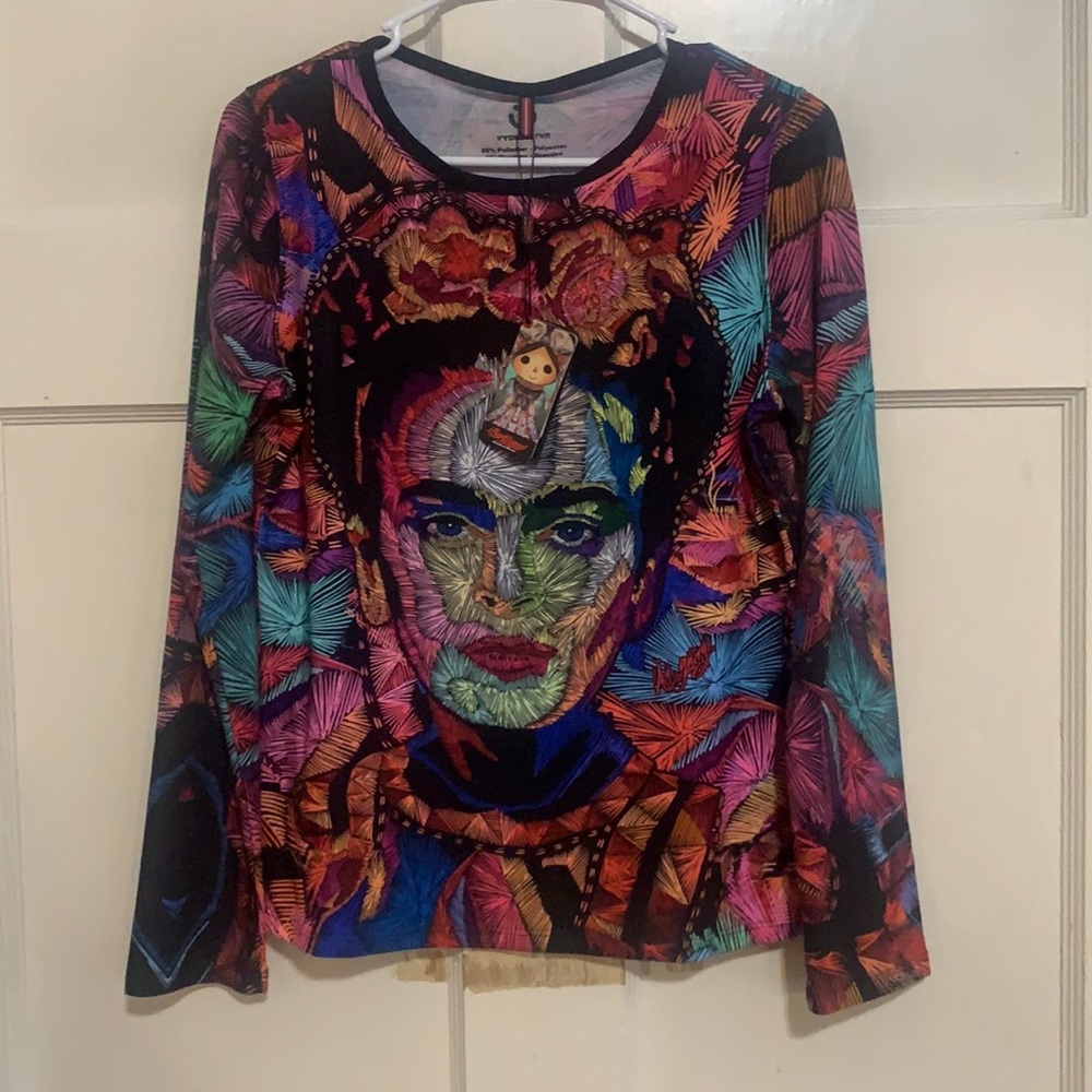 Ayguey unique rare artistic long sleeve Frida Kahlo women’s shirt L NWT